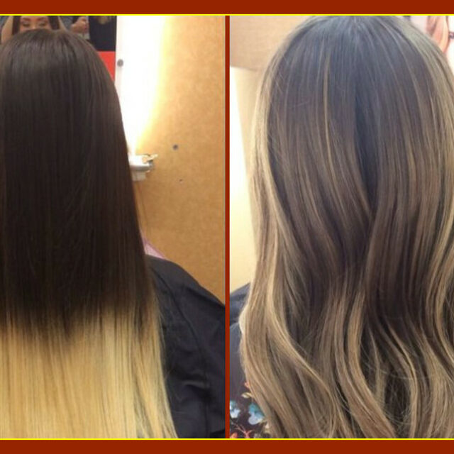 Окрашивание длинных волос в три цвета с растяжкой цвета